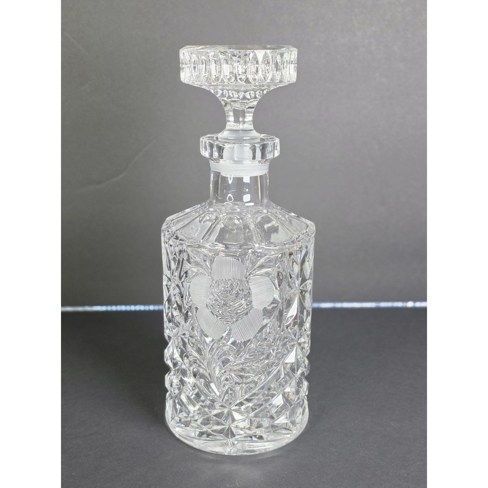 VTG Lead Crystal Round Liquor Decanter Frosted Etched Daisy Diamond Pattern 9"